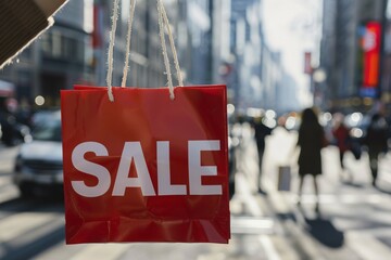 Red shopping bag with white text 'SALE' carried by person in city street. Generative Ai, AI generated