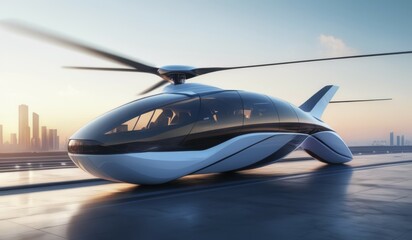 Futuristic aircraft with elegant design parked with skyscrapers reflected on its surface, ai generated, AI generated