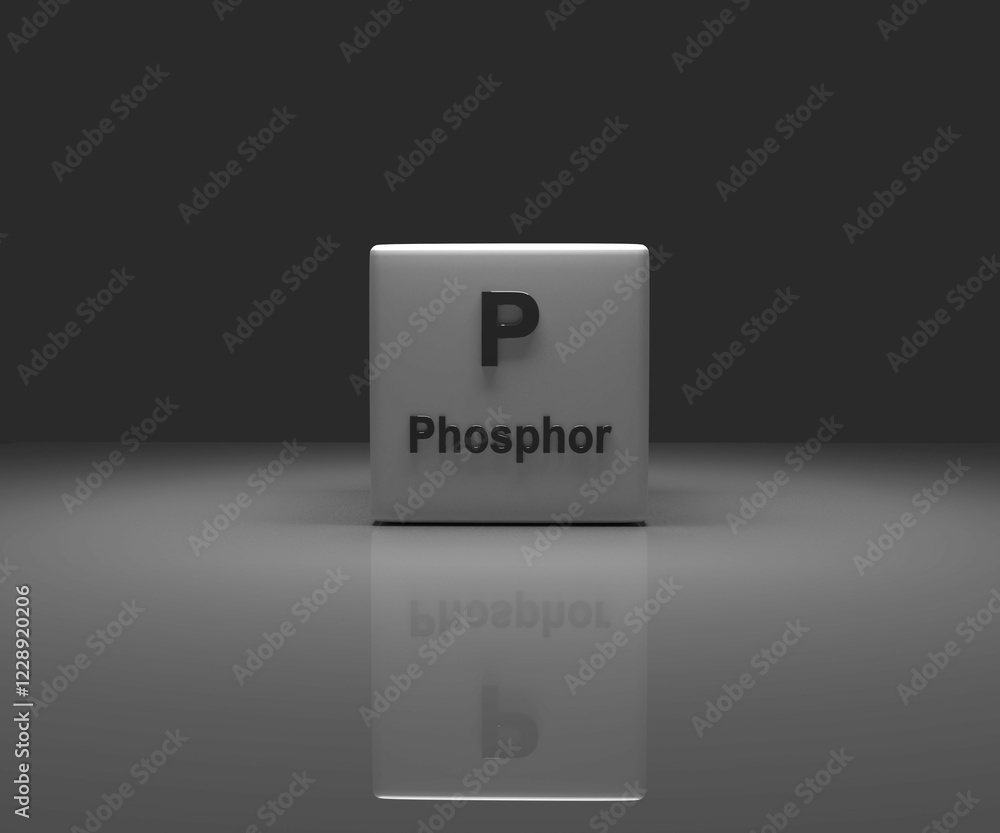 Poster cube with phosphor periodic system, 3d rendering