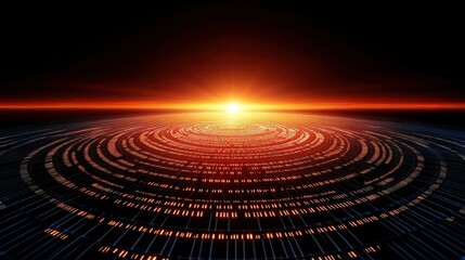 Futuristic sunrise over digital landscape.
