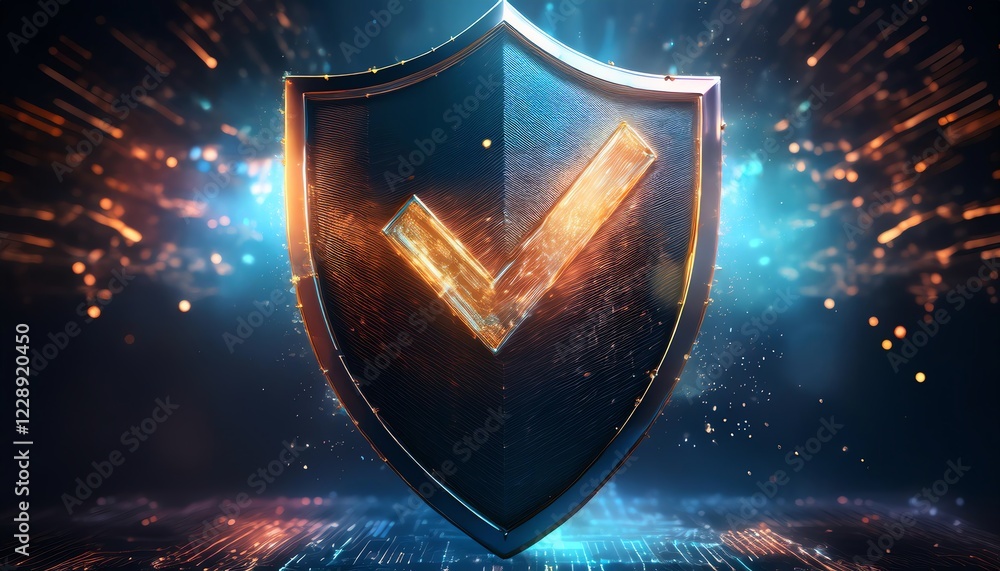 Poster a glowing shield with a check mark symbolizes security and protection in a digital environment, enha