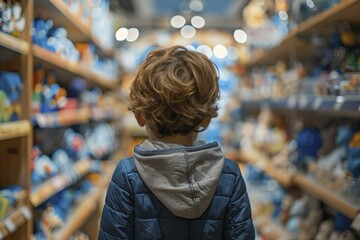 Fototapeta premium Back view of male boy child in toy shop full of stereotypical blue toys. Generative Ai, AI generated