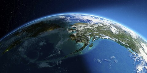 Highly detailed Earth with atmosphere, exaggerated relief and light-flooded cities. Transition from night to day. Chukotka, Alaska and the Bering Strait. 3D rendering. Elements of this image furnished by NASA