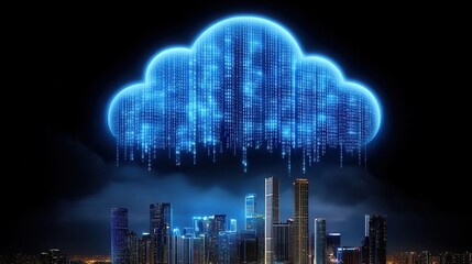 Digital cloud concept over urban skyline.