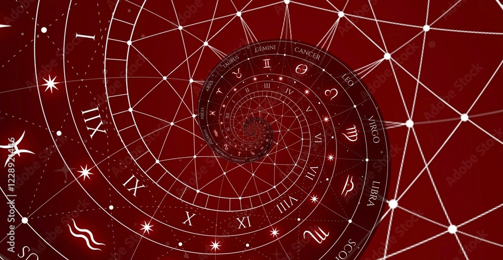 Wall mural Astrological background with zodiac signs and symbol, red