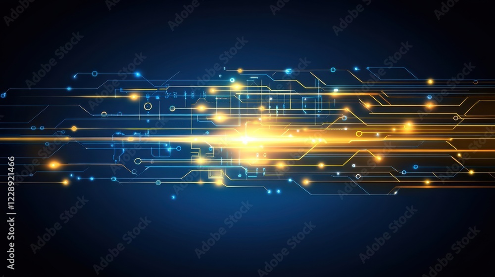 Poster digital abstract composition showcasing vibrant lines and glowing circuitry on a dark blue backgroun