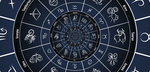 Astrological background with zodiac signs and symbol, blue