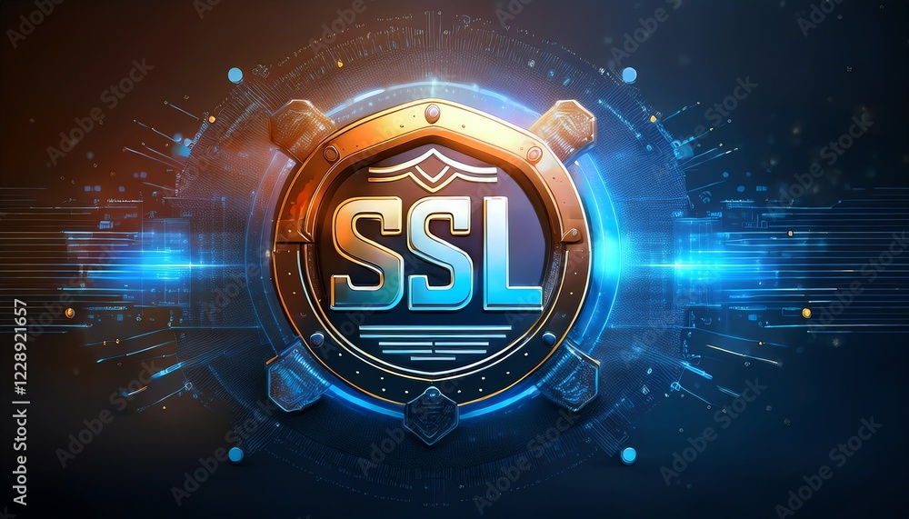 Poster a futuristic ssl logo with glowing elements and a circular design, representing security and technol