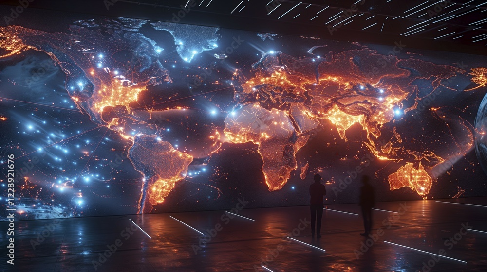 Poster silhouettes of people standing in front of a glowing world map. conceptual visualisation of global n