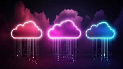 Colorful neon clouds with rain drops illustration.