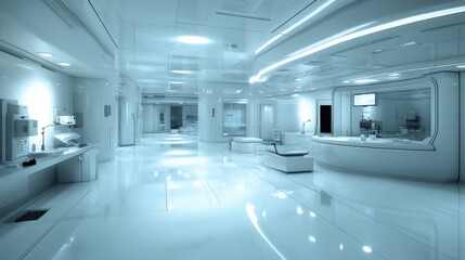 Fototapeta premium Futuristic sterile hospital corridor with reception desk and medical equipment.