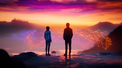 Two figures contemplating a vibrant sunset.