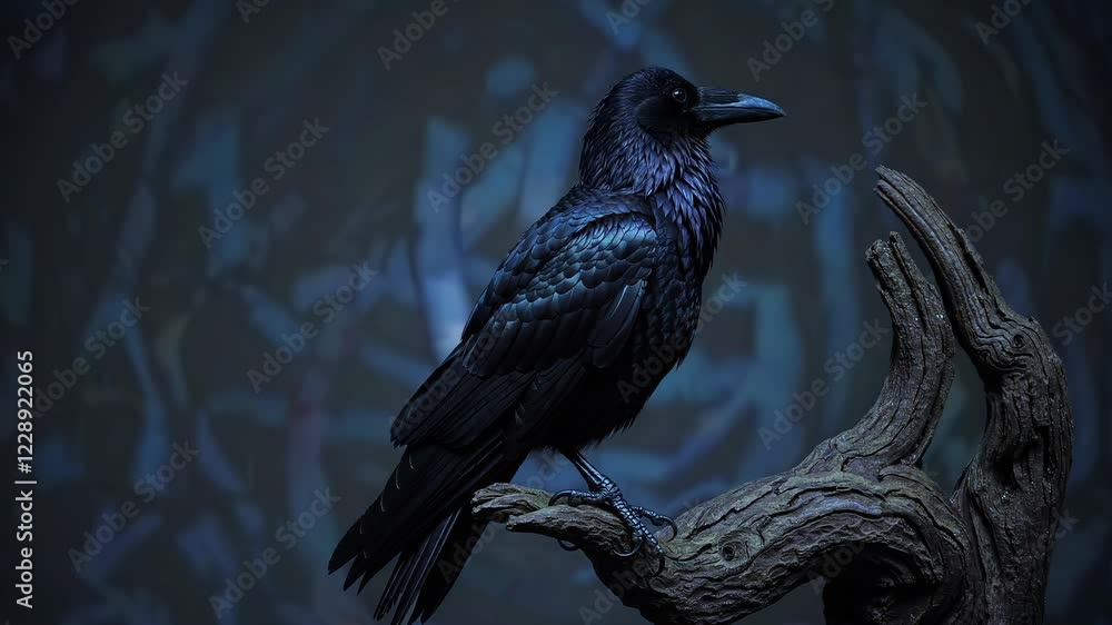 Poster a regal black raven perched on an ancient branch, its feathers subtly illuminated by arcane symbols 
