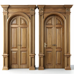 Open Possibilities: Closed and Open Brown Wooden Doors on White Background"