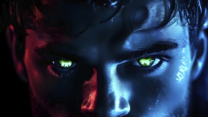 Portrait of a male with yellow eyes in blue neon light, AI generated