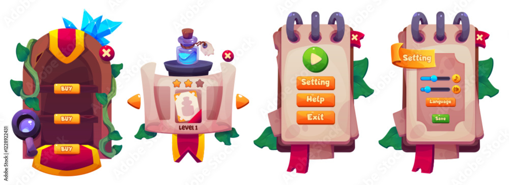 Poster game interface design set with fantasy menu elements, shop interface and settings panels. medieval s