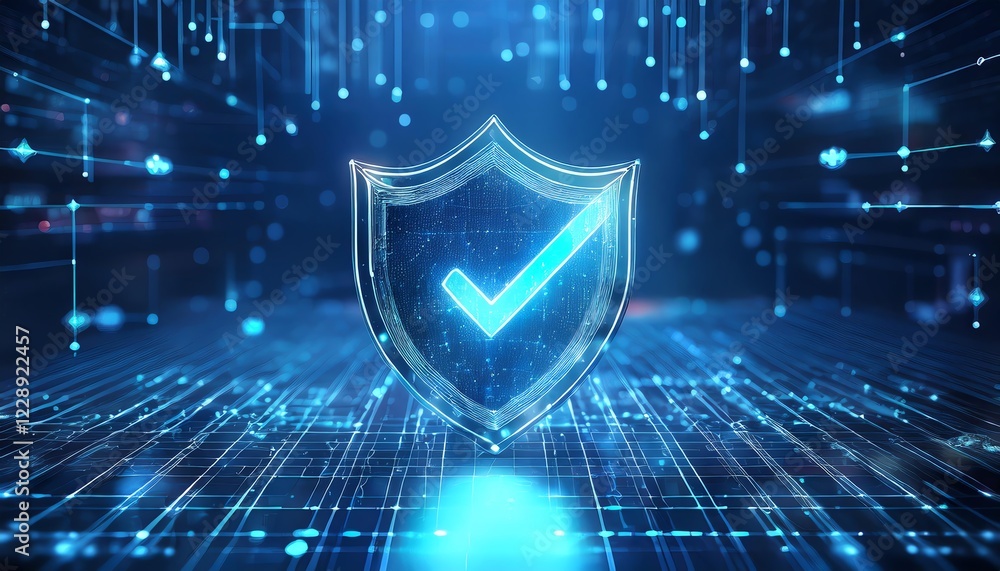 Poster a digital shield with a checkmark symbolizes cybersecurity and protection in a high-tech, data-drive