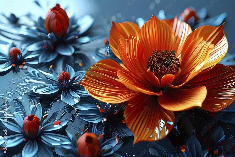 Poster digital rendered flower evolving in a futuristic forward botanical concept with minimalistic forms, 