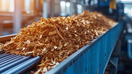 Wood chips moving on a conveyor belt in a factory symbolizing sustainable heating materials with a modern, minimalistic aesthetic and bright tone, blurred background and empty caption space