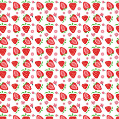 Seamless pattern with strawberries and flowers on a white background.