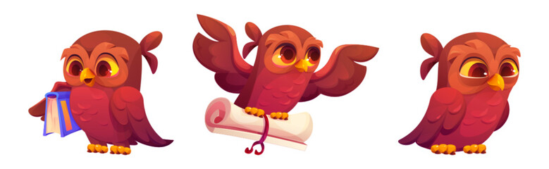 Cute owl mascot in different poses with scrolled diploma or document and library text book - brown cartoon bird with various expressions. Childish wise character for educational interface design.