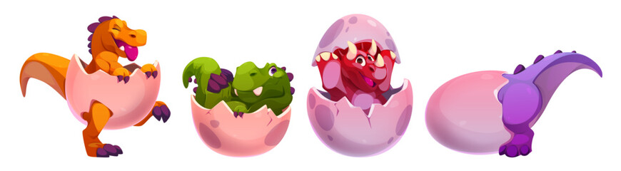 Cracked eggs with baby dinosaurs inside set isolated on white background. Vector cartoon illustration of cute dinos hatching, playing and hiding in eggshell, Jurassic park animals, funny zoo mascots © klyaksun