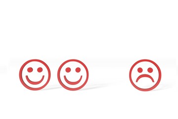 Three red Emoticons, two happy, one sad, 3D illustration
