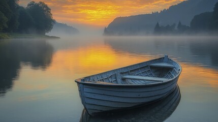A boat on a misty lake during sunrise with the sky reflecting in the calm water, creating a peaceful ambiance, AI generated
