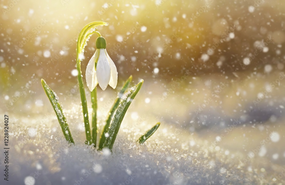 Poster closeup single snowdrop covered with dew drops rising under the snow in the morning on a snowy sprin