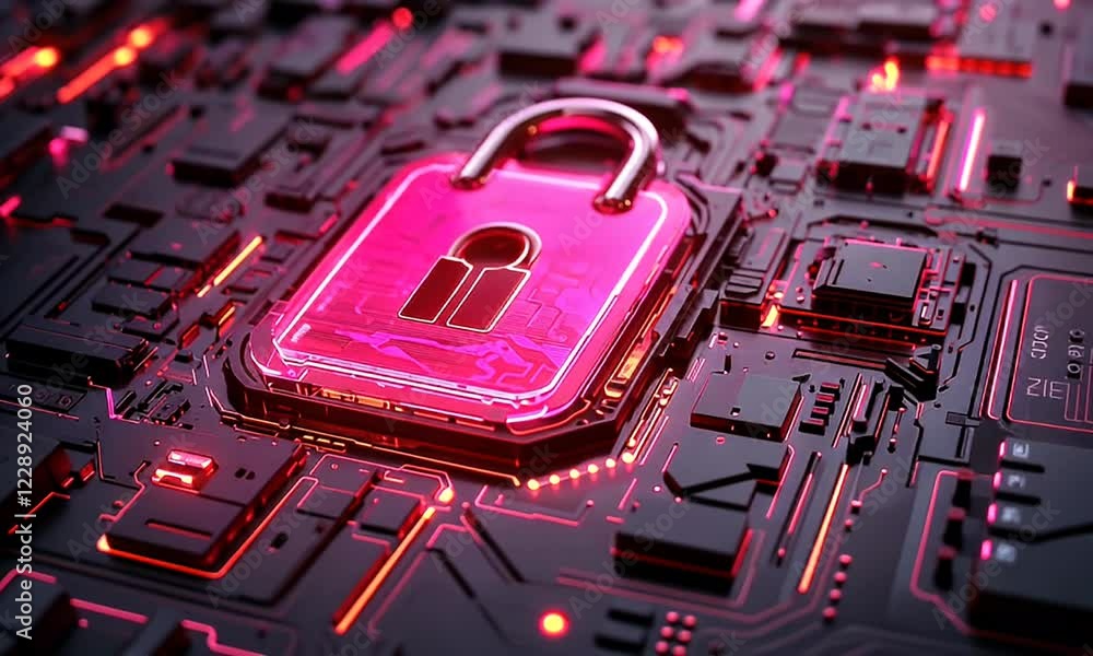 Poster cyber security lock on circuit board, digital data protection