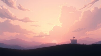 Fototapeta premium Serene Sunset over Mountain Range with Cross