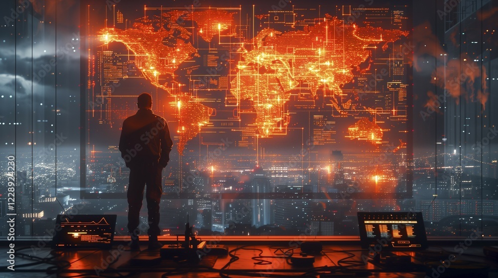 Poster silhouettes of people standing in front of a glowing world map. conceptual visualisation of global n