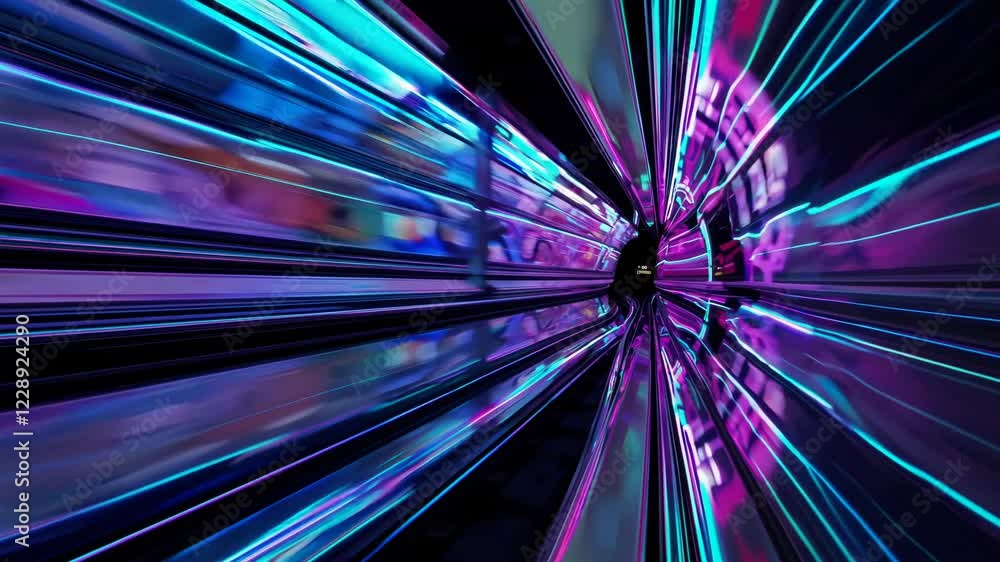 Poster A rapid transit car enveloped by phosphorescent tracks, blending a luminous neon palette and smooth metallic surfaces for a surreal, high-speed journey.
