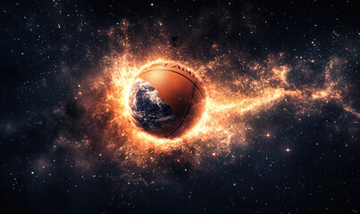 Naklejka premium Fiery Basketball Floating in Cosmic Space