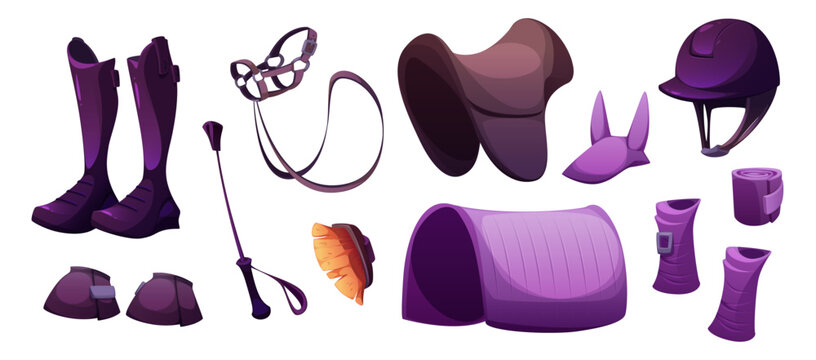 Equestrian equipment collection - purple riding boots, leather bridle, saddle pad, protective helmet, bandages, brush, knee guards, horse ear bonnet. Professional sport gear set for horseback training