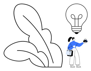 A woman in blue holds an electronic device near a giant leaf and light bulb, symbolizing environmental technology. Ideal for eco-innovation, sustainability, technology, environmental awareness, green