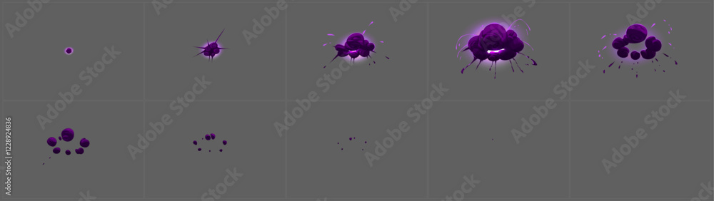 Aufkleber purple explosion animation sequence - starting from dot, expanding into bursting cloud with splashes