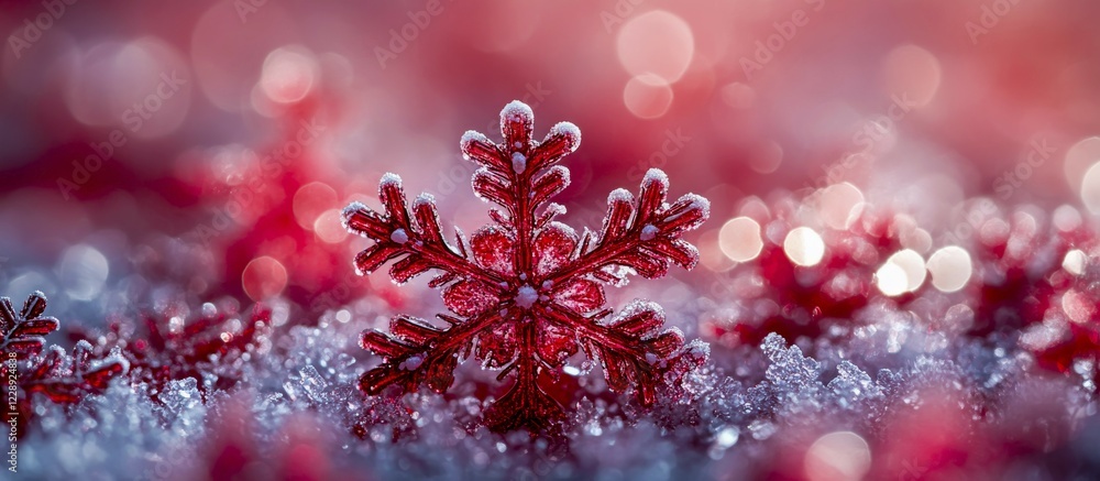 Poster icy red snowflake standing out in close-up with sparkling bokeh background enhancing the festive win