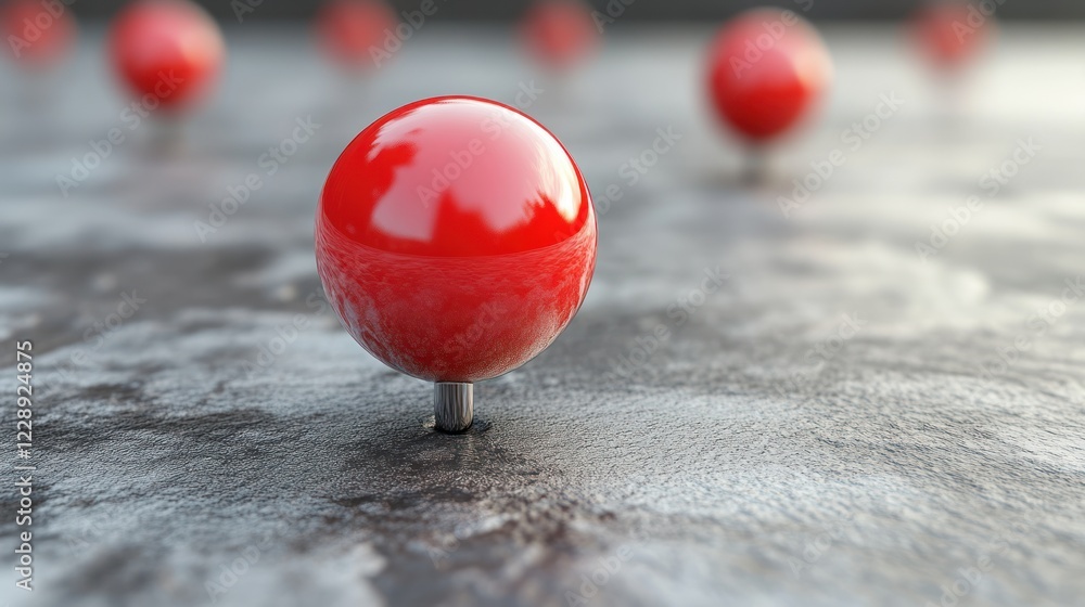 Poster close-up of a single red sphere pin on a textured surface with blurred background of similar pins.