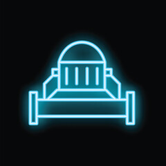 Blue neon sign of government building glowing on a black brick wall background