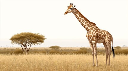 Obraz premium Mocha mousse-toned giraffe with golden highlights roaming a bright savanna under a sunny sky, surrounded by tall grass and sparse trees, perfect for playful children's educational materials