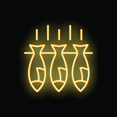 Yellow neon sign showing three fish hanging on a rod with light rays, on a black background