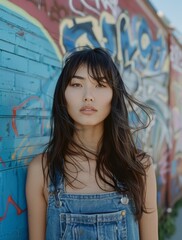 Fototapeta premium Exuding cool confidence, a young woman with black hair in denim overalls stands boldly against a graffiti covered wall, matching the urban, artistic setting.