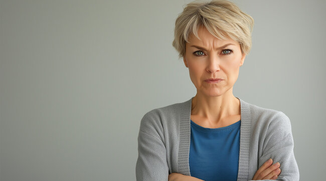 An angry middle-aged woman with short blonde hair stands in front of the camera, her arms crossed and frowning slightly against an isolated gray background. She is wearing a blue t