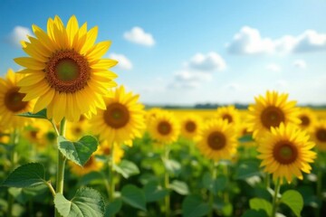 Fototapeta premium Sunflower field with tall yellow and orange blooms, fields, bright
