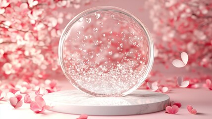 Naklejka premium Decorative snow globe with hearts and cherry blossoms in soft pink tones on a marble base
