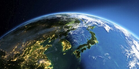 Highly detailed Earth with atmosphere, exaggerated relief and light-flooded cities. Transition from night to day. Korea and Japan. 3D rendering. Elements of this image furnished by NASA