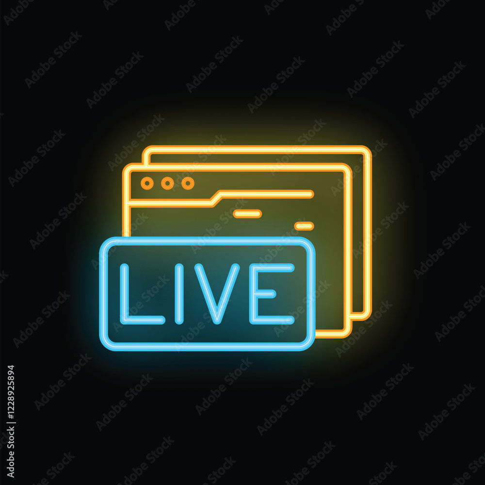 Poster neon icon of live streaming with browser windows glowing on dark background