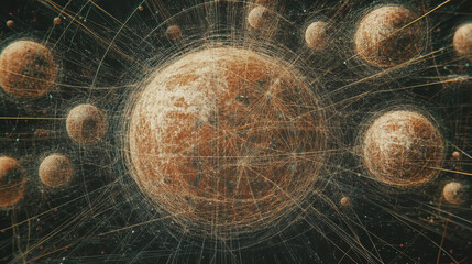 "explore the cosmic web: a digital space painting of interconnected planets in a celestial network with abstract art and a textured planetary system"