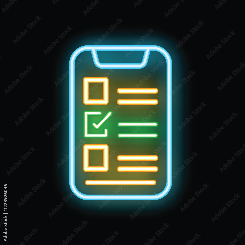 Poster neon sign of a mobile phone displaying a checklist with a green check mark, symbolizing task complet